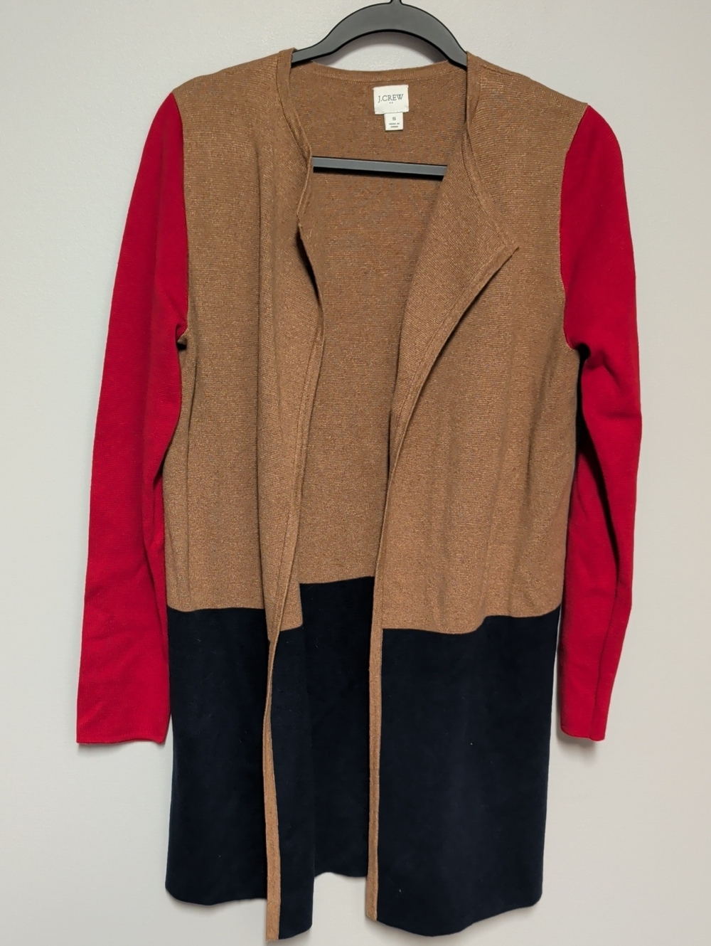 J. Crew Colorblock Open-Front Cardigan in Red, Camel, Navy